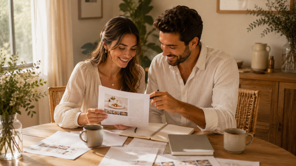 casal planejando como economizar no buffet de casamento com menu sobre mesa
