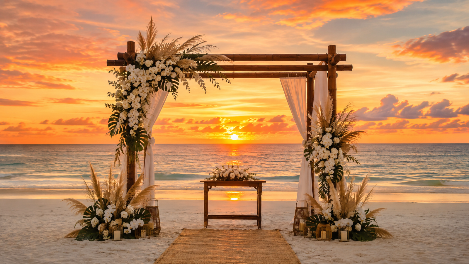 altar de casamento na praia com pôr do sol ao fundo e céu alaranjado sobre o oceano