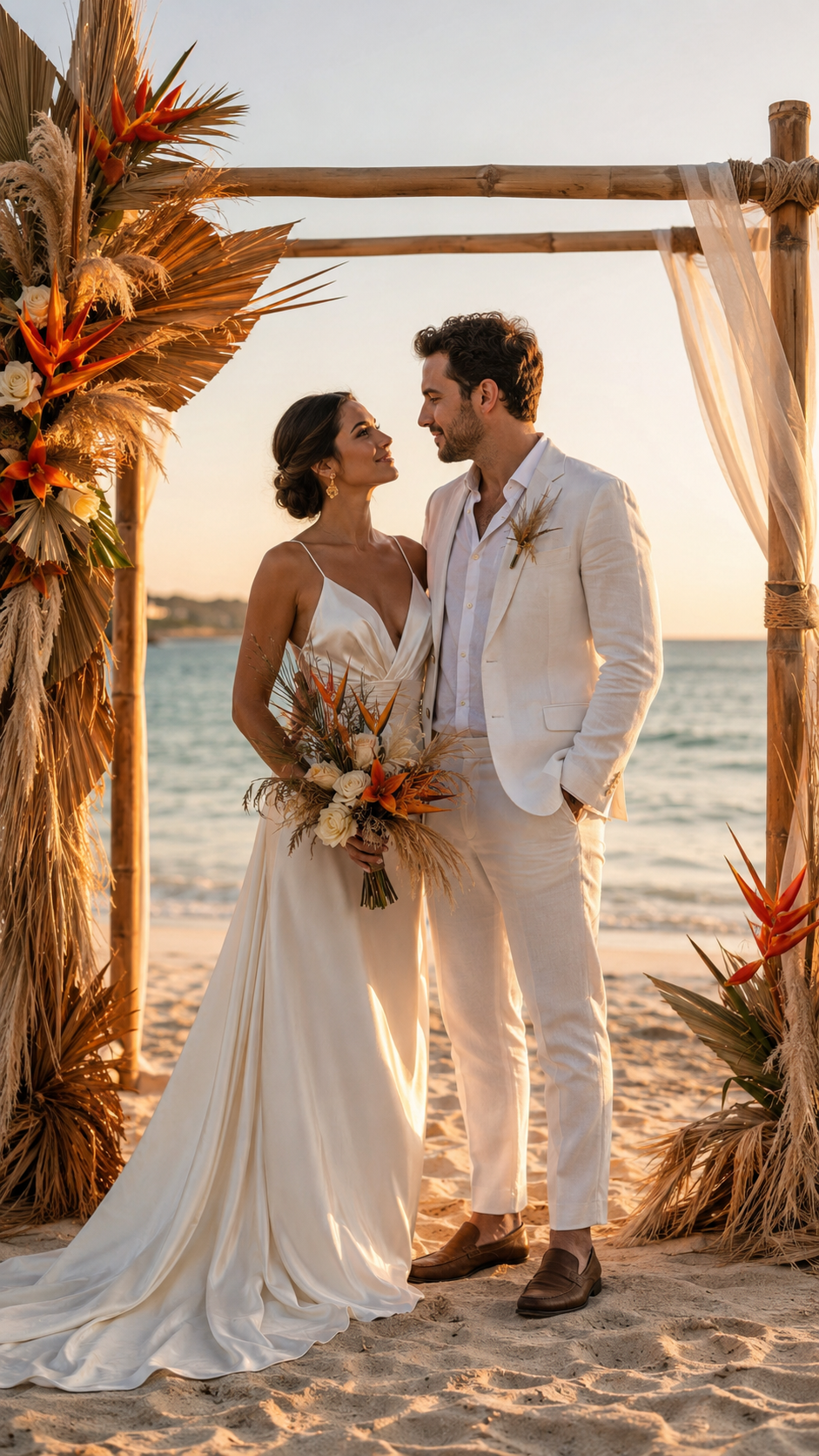 casal no altar decorado de casamento na praia com flores tropicais e luz de fim de tarde