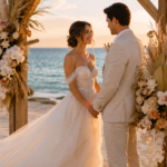 casamento na praia com casal no altar de madeira ao pôr do sol beira-mar