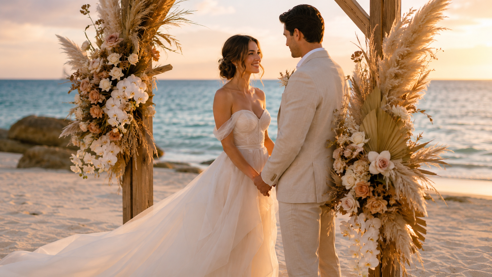casamento na praia com casal no altar de madeira ao pôr do sol beira-mar