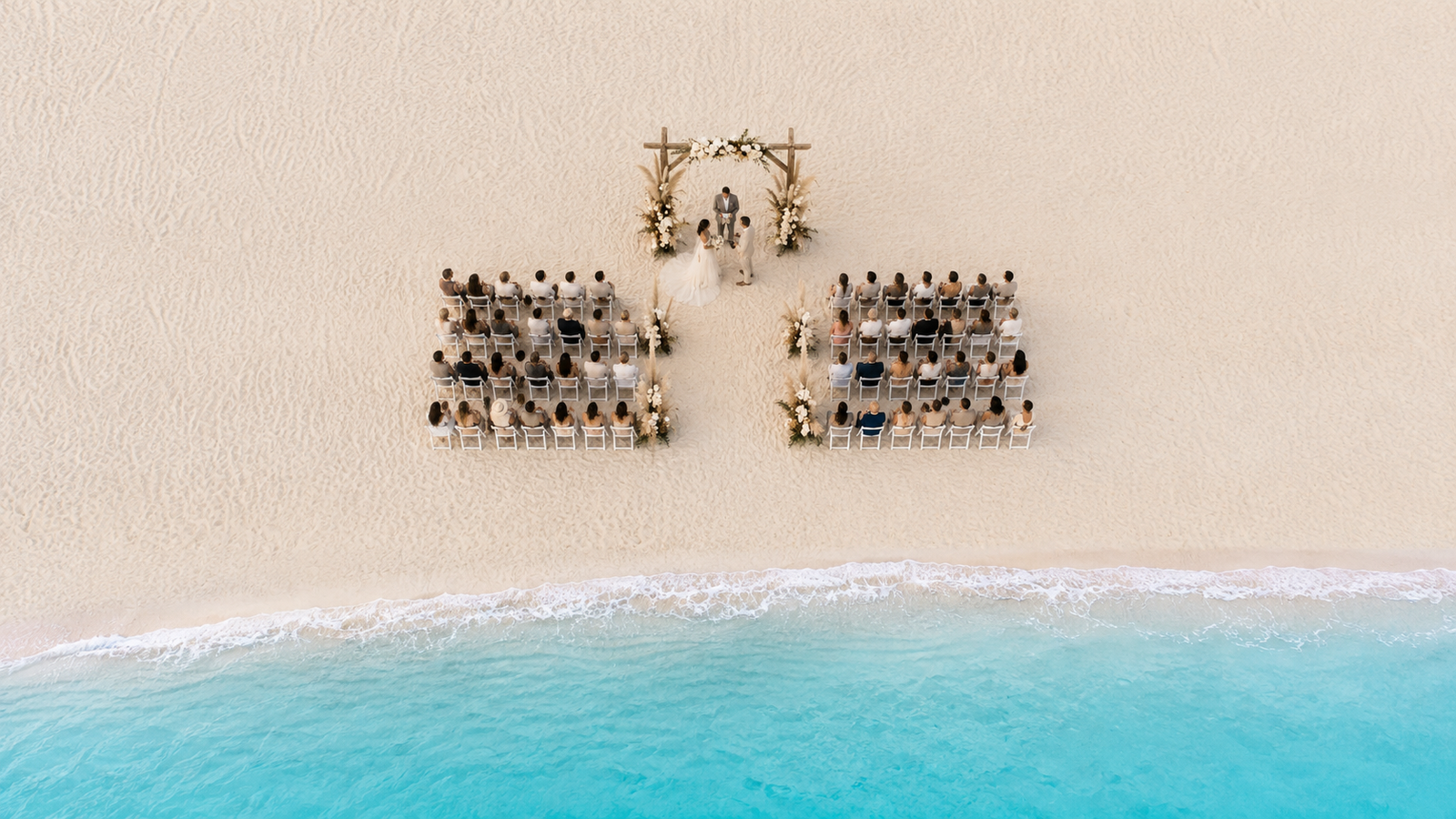 cerimônia de casamento na praia vista de cima com altar e fileiras de cadeiras na areia