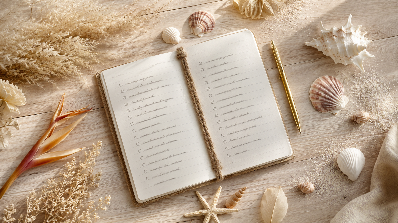checklist de planejamento de casamento na praia com conchas do mar e flores secas em flat lay