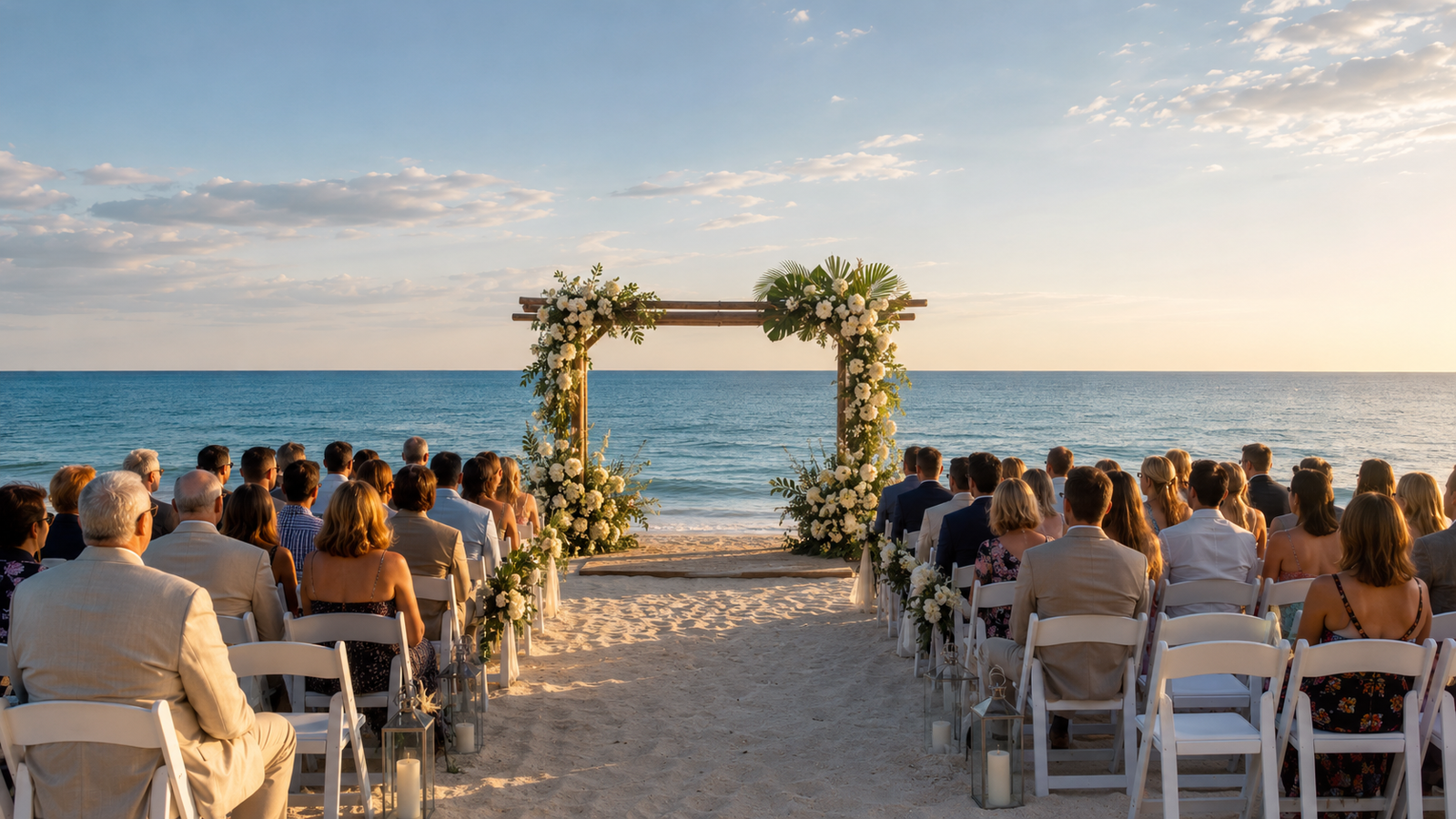 casamento na praia com convidados sentados em cadeiras na areia durante cerimônia ao entardecer
