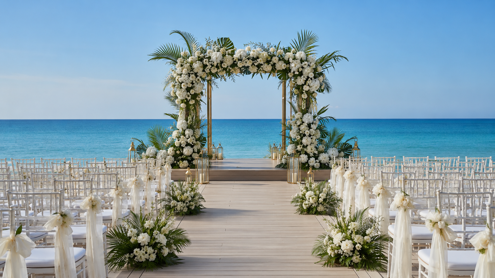 espaço privado à beira-mar com cadeiras alinhadas e decoração para cerimônia de casamento