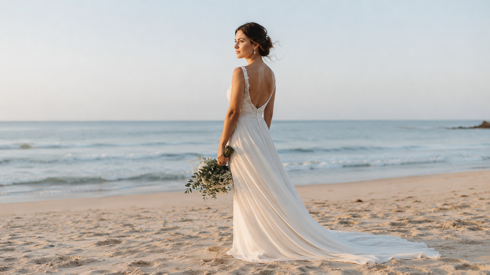 casamento na praia com noiva em vestido branco contemplando o oceano ao amanhecer