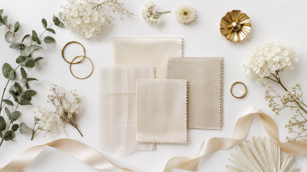 flat lay com checklist de backdrop para casamento, caneta e amostras de decoração sobre mesa branca