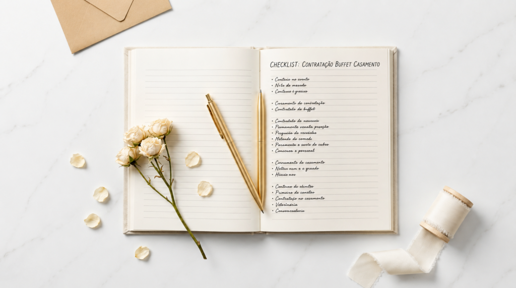 checklist de contratacao de buffet de casamento com caneta e anotacoes sobre mesa branca
