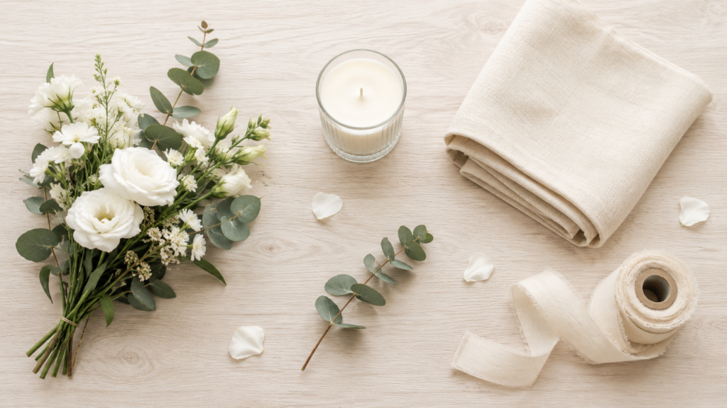 flat lay de elementos de decoração de casamento intimista organizados por ambiente sobre fundo de madeira