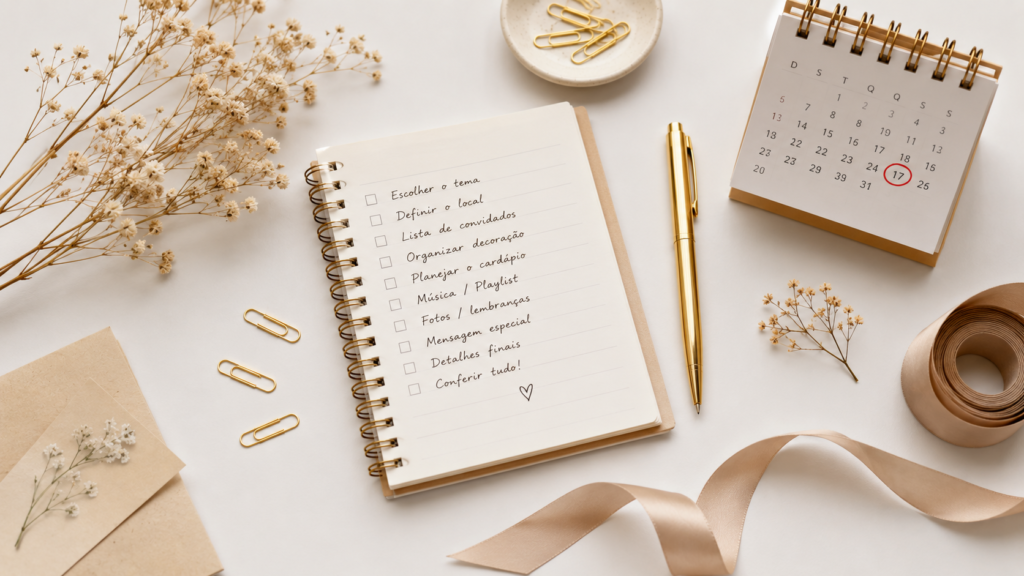 flat lay de itens de planejamento para surpresa de aniversário de casamento com caderno lista e detalhes