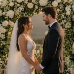 Casal em ângulo 3/4 se olhando durante cerimônia de casamento ao ar livre com arco floral ao fundo