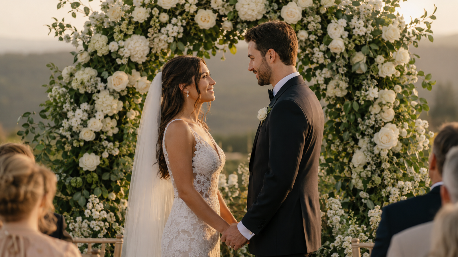 Casal em ângulo 3/4 se olhando durante cerimônia de casamento ao ar livre com arco floral ao fundo