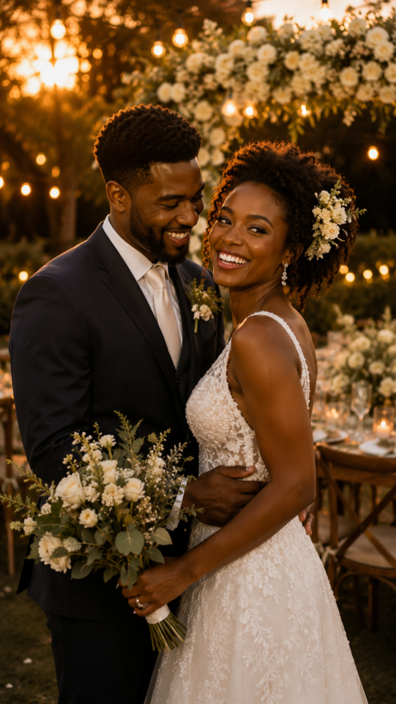 Casal em ângulo 3/4 sorrindo em casamento ao ar livre ao entardecer com decoração floral ao fundo