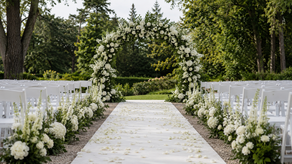 Vista ampla de cerimônia de casamento ao ar livre com passadeira, cadeiras brancas e arco floral no altar