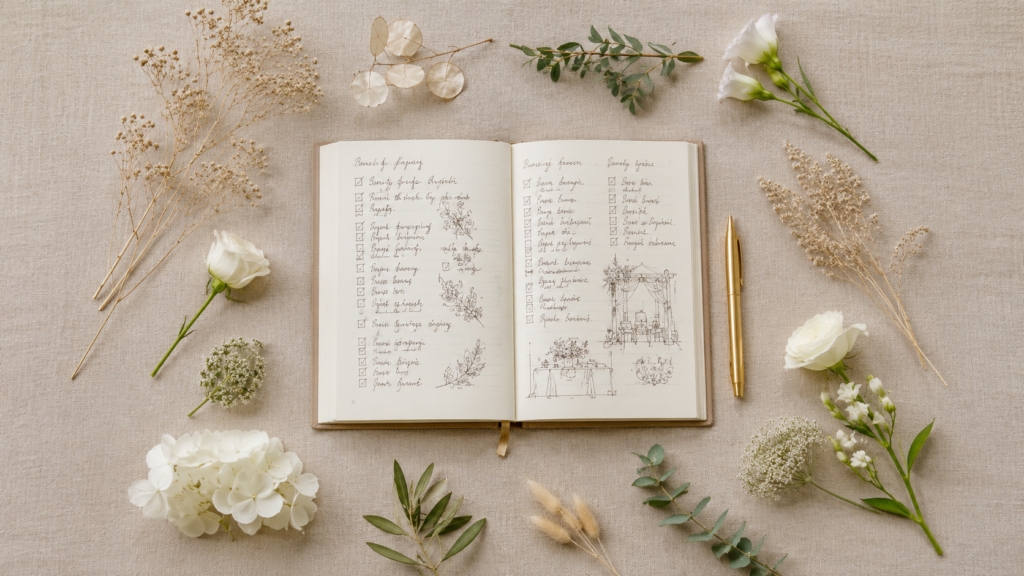 Vista de cima de caderno com checklist de decoração de casamento ao ar livre com flores e caneta dourada