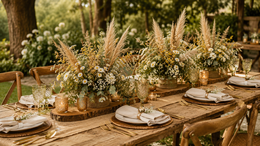 Mesa de casamento ao ar livre decorada com flores silvestres e elementos rústicos em jardim natural