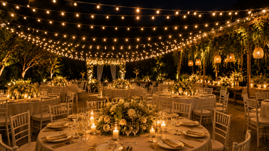 Área de jantar de casamento ao ar livre à noite com cordões de luz dourados sobre as mesas decoradas