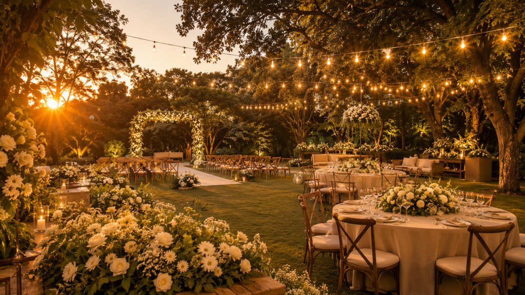 Vista lateral de casamento ao ar livre completo ao entardecer com jardim decorado e luz dourada