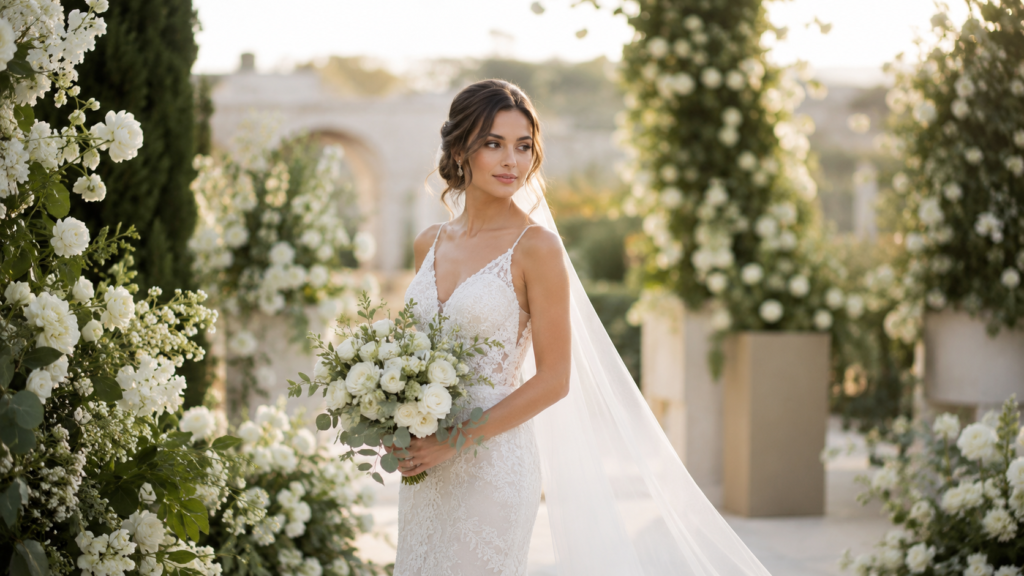 Noiva em ângulo 3/4 contemplando jardim decorado para casamento ao ar livre com expressão serena