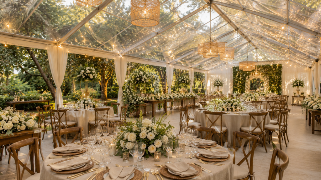 Interior de tenda transparente elegante montada para casamento ao ar livre com decoração integrada