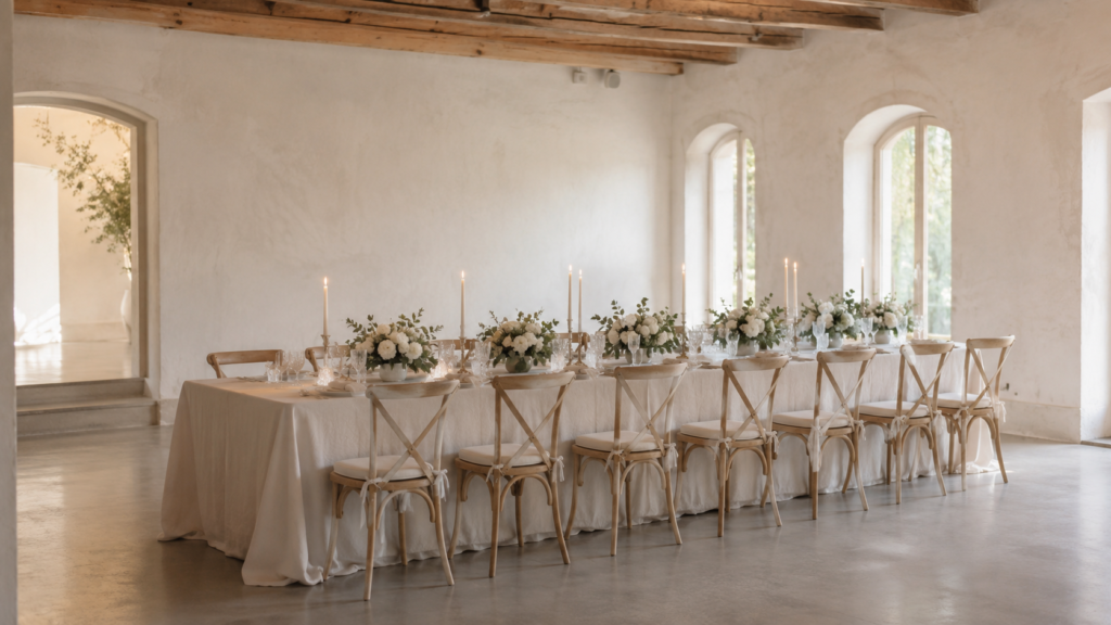 ambiente interno de casamento intimista com mesa coletiva flores baixas e luz lateral de janela