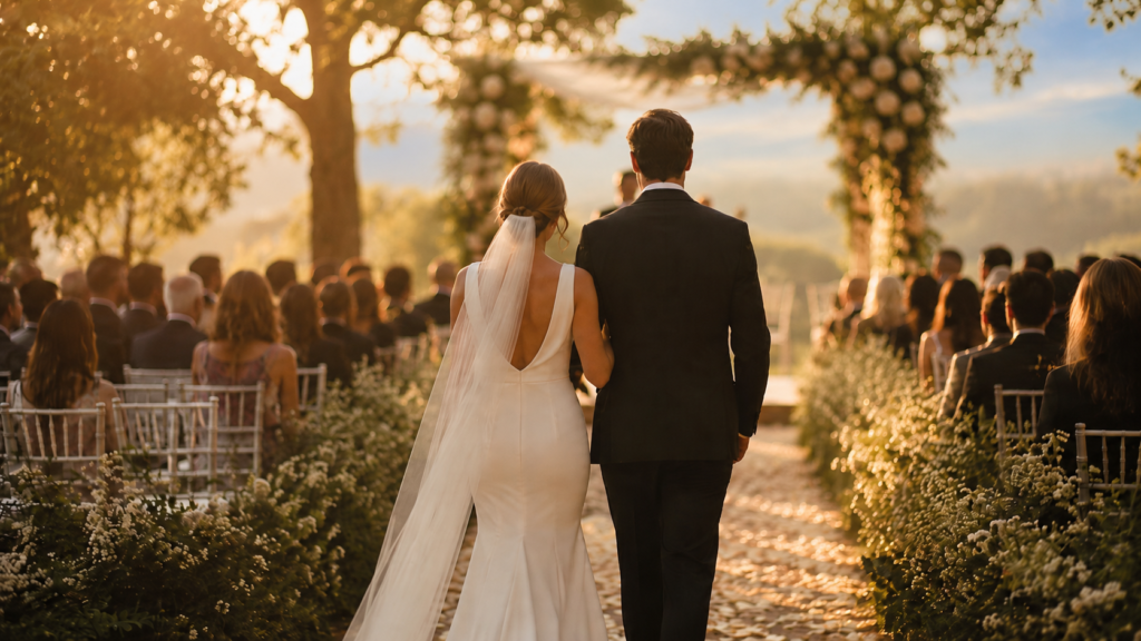 casal de costas em cerimônia de casamento intimista ao ar livre com céu azul suave e luz dourada