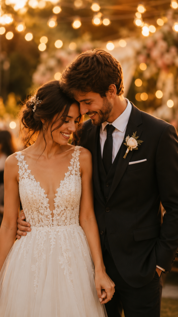 casal de frente em casamento intimista ao entardecer sorrindo com luzes e flores ao fundo desfocado
