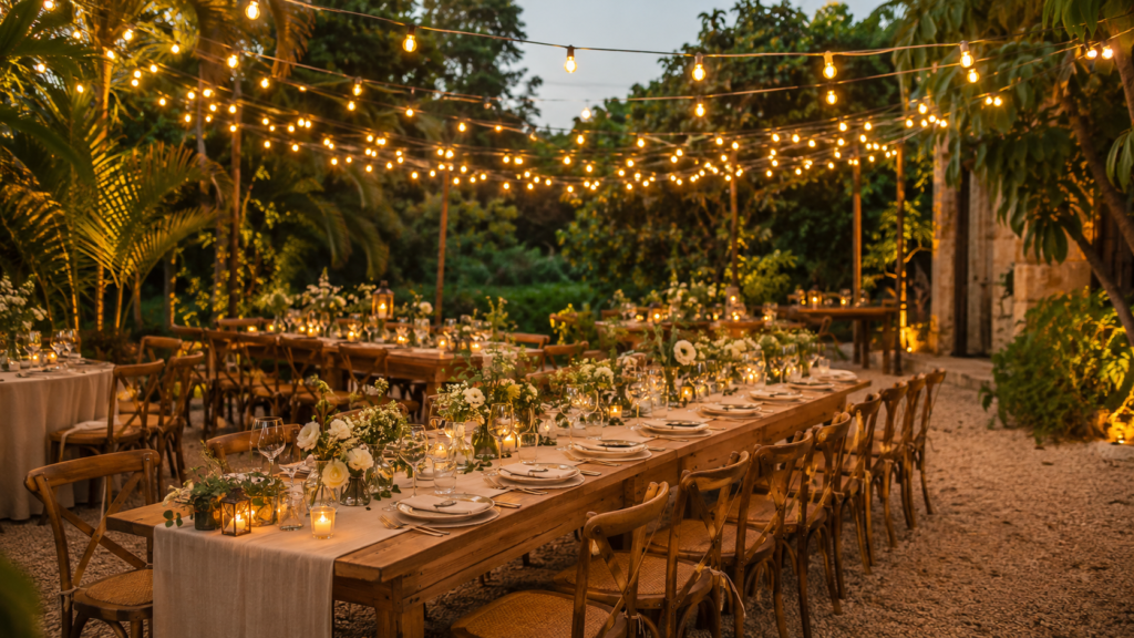 espaço externo para casamento intimista com mesas e varal de luzes ao fim de tarde