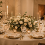 decoração de casamento intimista com mesa posta flores baixas e velas em ambiente aconchegante