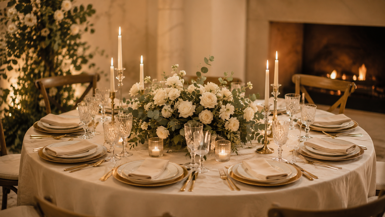 decoração de casamento intimista com mesa posta flores baixas e velas em ambiente aconchegante