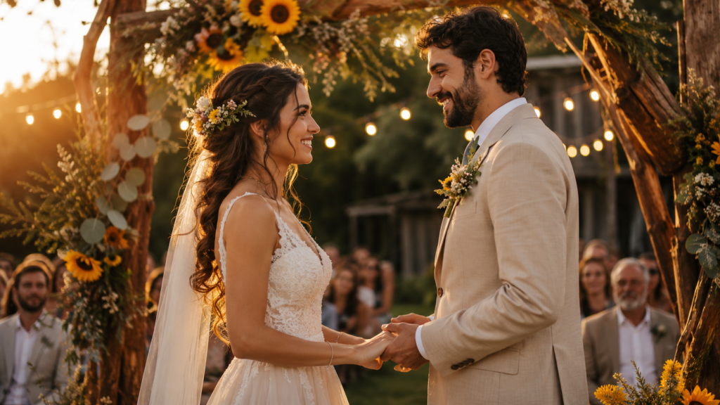 Casal em cerimônia de casamento rústico ao ar livre com arco de madeira e flores silvestres
