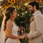 Casal em cerimônia de casamento rústico ao ar livre com arco de madeira e flores silvestres