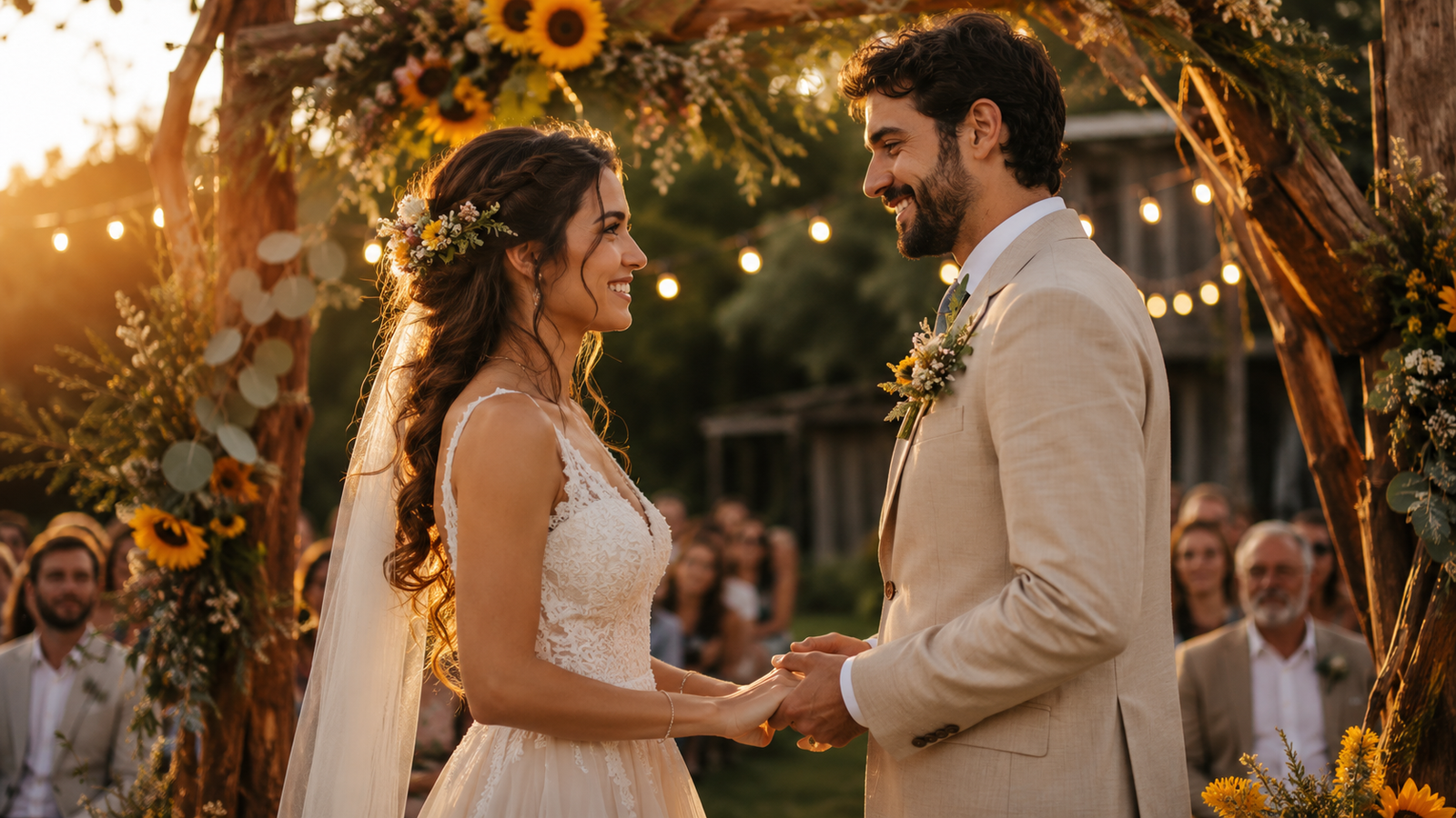 Casal em cerimônia de casamento rústico ao ar livre com arco de madeira e flores silvestres