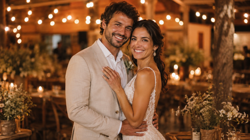 Casal sorrindo na recepção de casamento rústico com mesas de madeira e cordões de luz