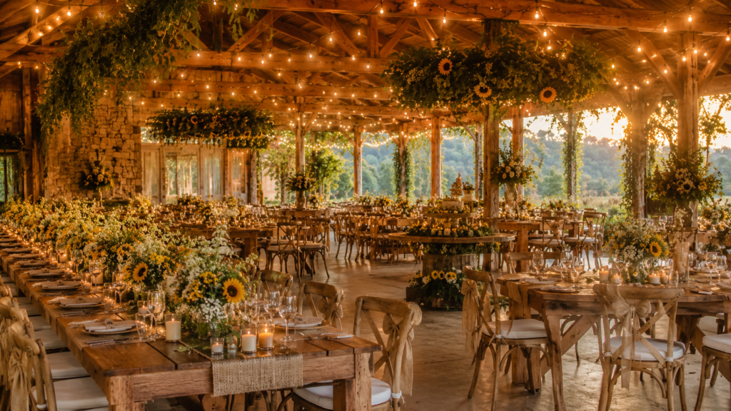 Salão de casamento rústico em fazenda com mesas de madeira, flores naturais e cordões de luz