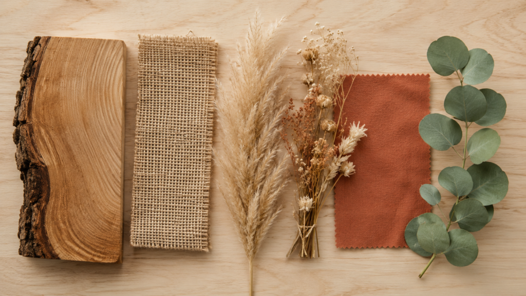 Flat lay com amostras dos estilos de casamento rústico: juta, flores secas, madeira e capim dos pampas