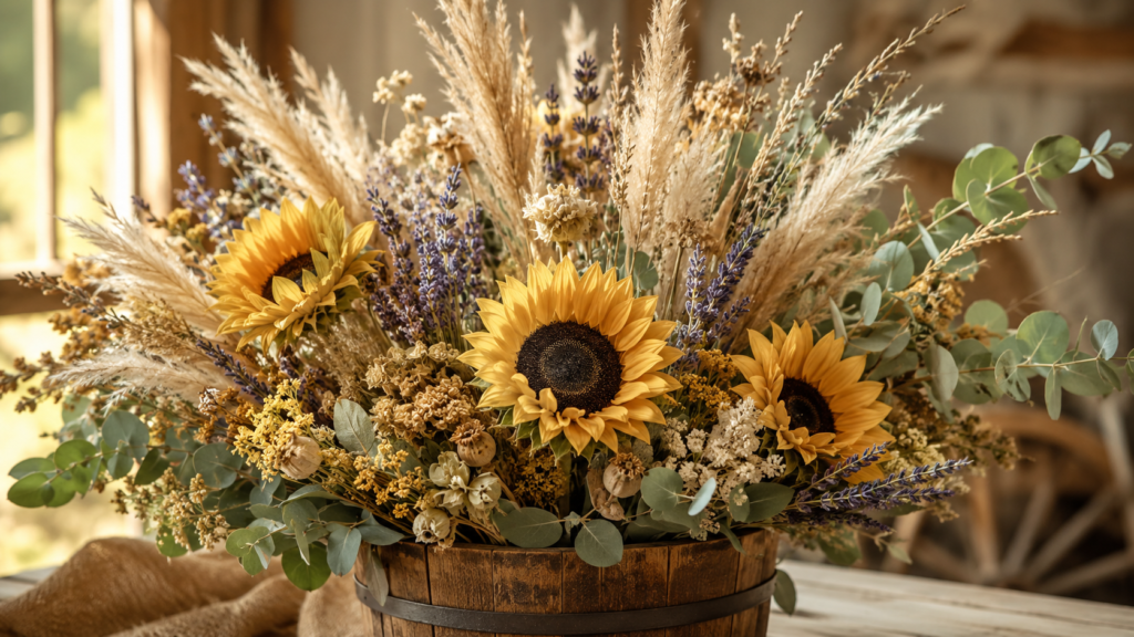 Arranjo de flores rústicas para casamento com girassóis, capim dos pampas e flores secas em vaso de madeira