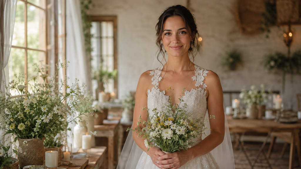 Noiva com expressão serena em cenário de casamento rústico com madeira e flores naturais