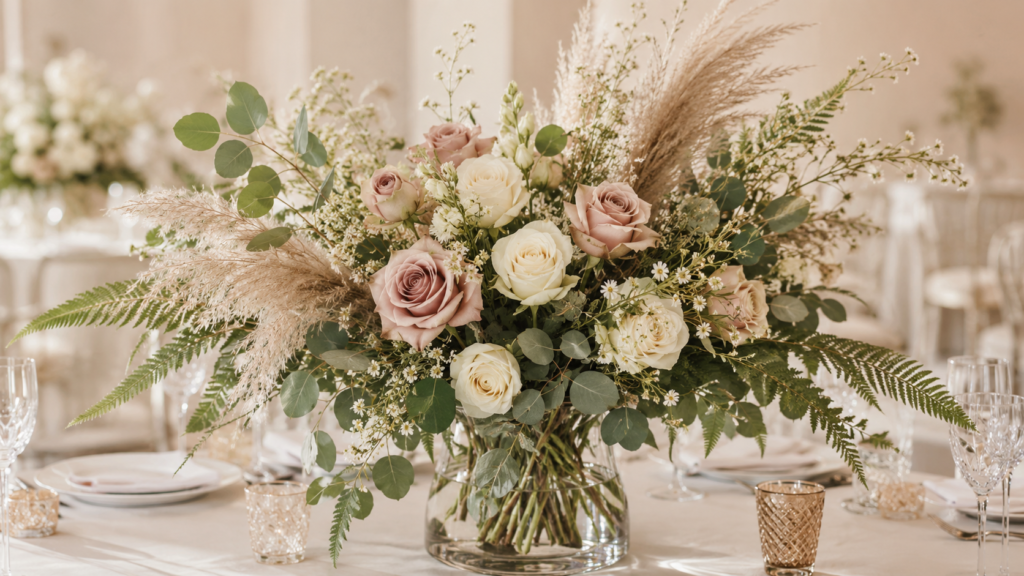 Arranjo floral alto para mesa de casamento com flores brancas e verdes em vaso dourado sobre toalha de linho