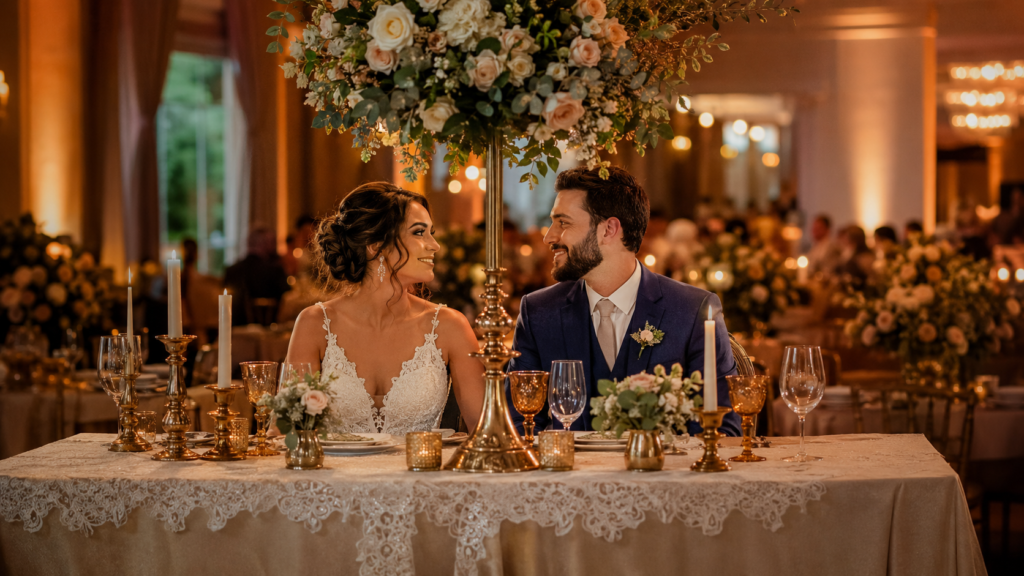Casal de noivos em ângulo 3/4 à mesa dos noivos em recepção de casamento com decoração floral elegante