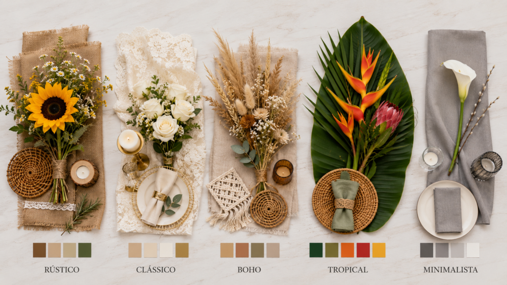 Flat lay de amostras de estilos para decoração de mesa de casamento com flores, tecidos e objetos decorativos