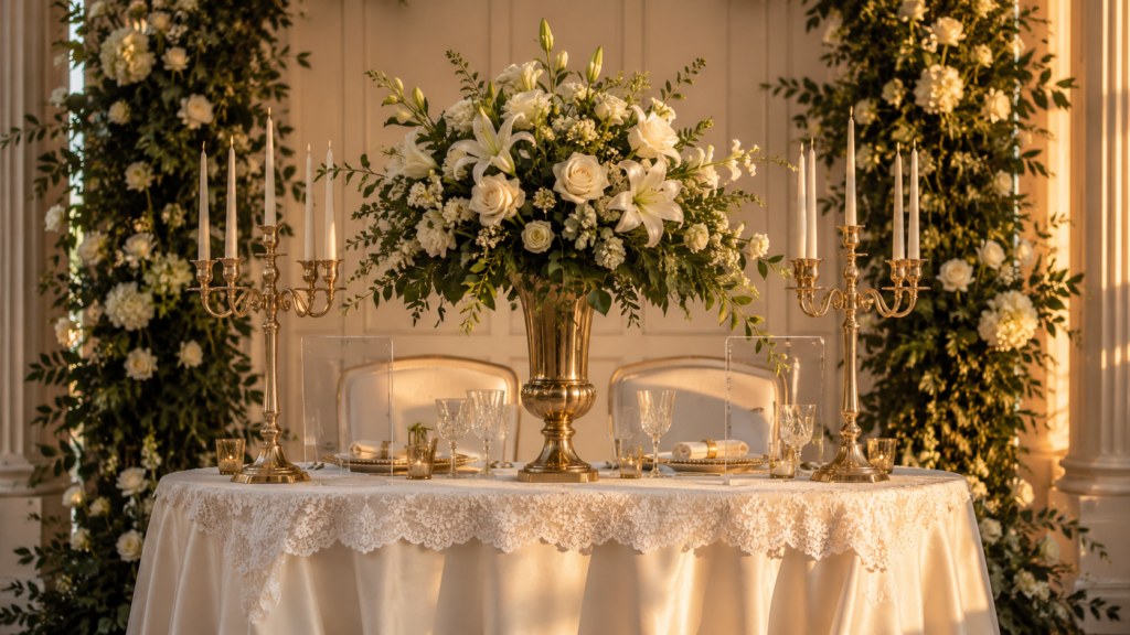 Mesa dos noivos completamente decorada para casamento com arranjo floral, velas e detalhes em dourado