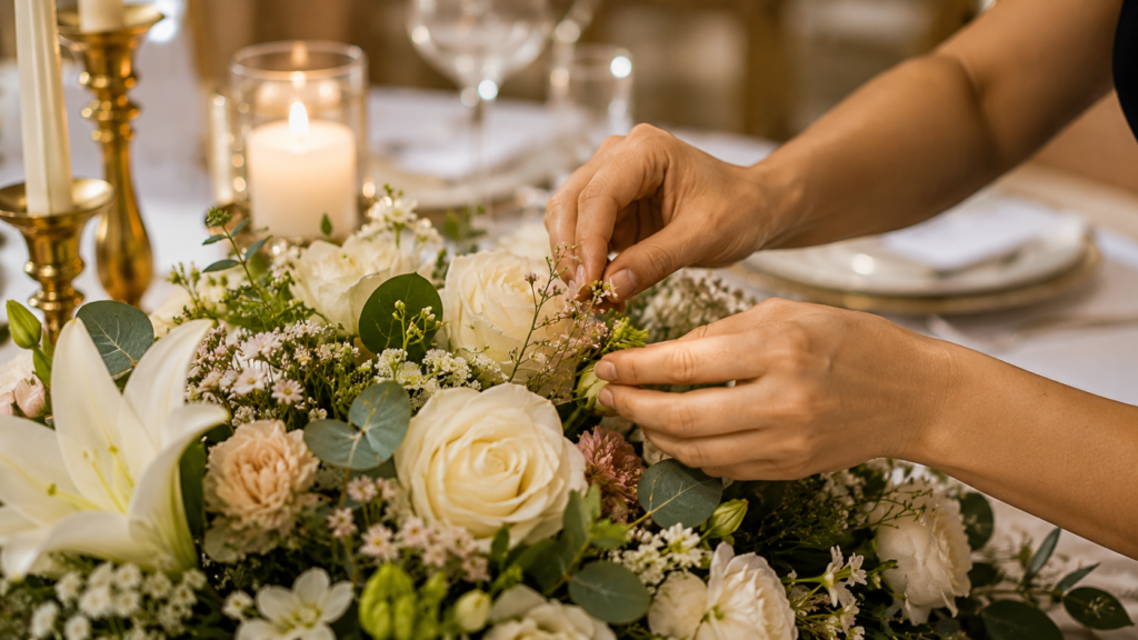 Montagem de arranjo floral para mesa de casamento com flores brancas e vegetação sendo posicionadas com cuidado