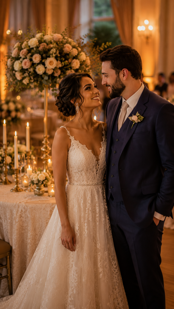 Casal de noivos em ângulo 3/4 sorrindo na recepção ao lado de mesa de casamento decorada com flores e velas