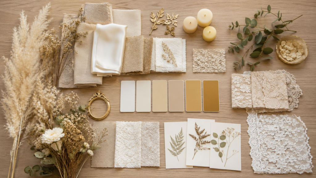 Vista de cima de caderno aberto com checklist de planejamento de decoração de mesa de casamento e caneta dourada