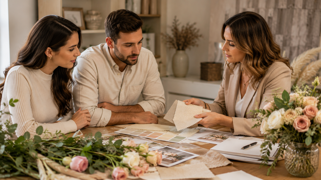Reunião de planejamento de decoração de mesa de casamento com noiva e decorador analisando referências visuais