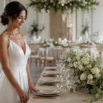 Mesa de casamento dos noivos decorada com flores brancas e detalhes dourados em recepção elegante