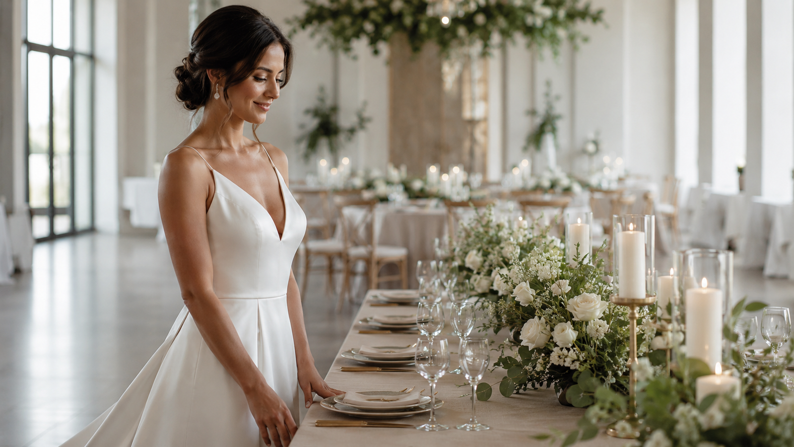 Mesa de casamento dos noivos decorada com flores brancas e detalhes dourados em recepção elegante