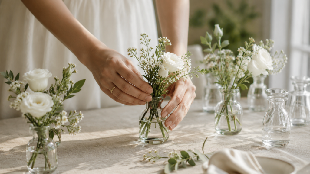 mãos femininas organizando vasinhos de flores para decoração DIY de casamento intimista