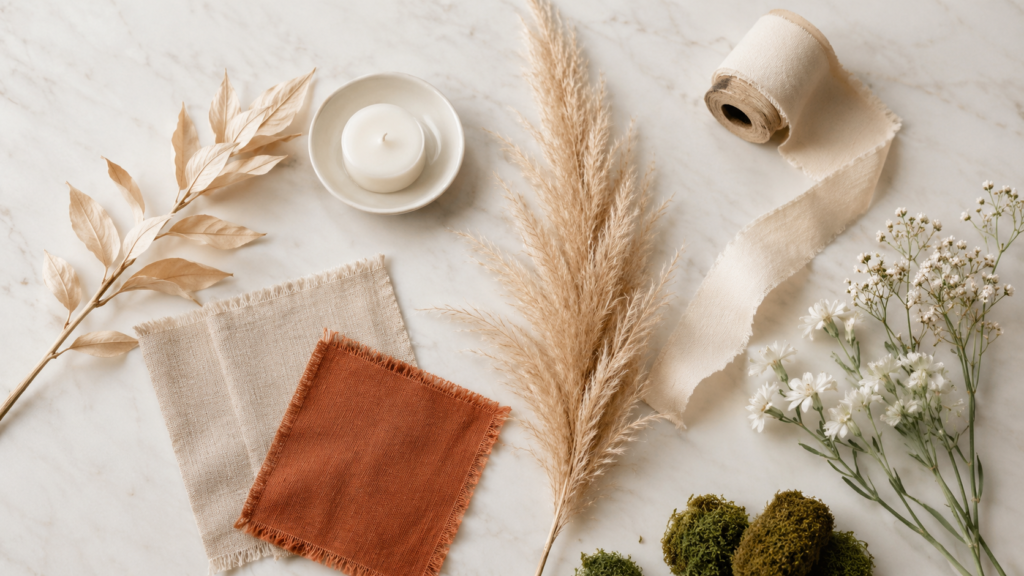 flat lay com amostras de paleta de cores e elementos decorativos para casamento intimista em tons bege e terracota